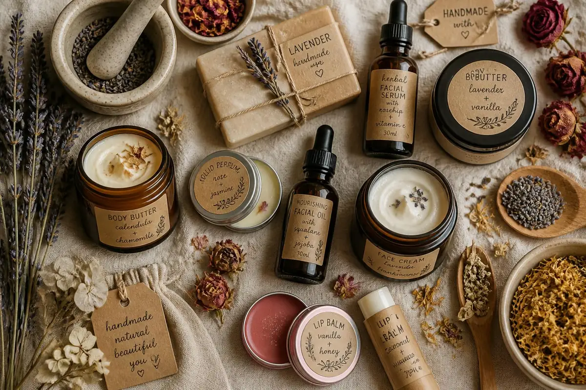 Mockup inspirador con productos cosméticos naturales que aprenderás a formular: sérums, cremas, bálsamos, perfumes sólidos y jabones artesanales