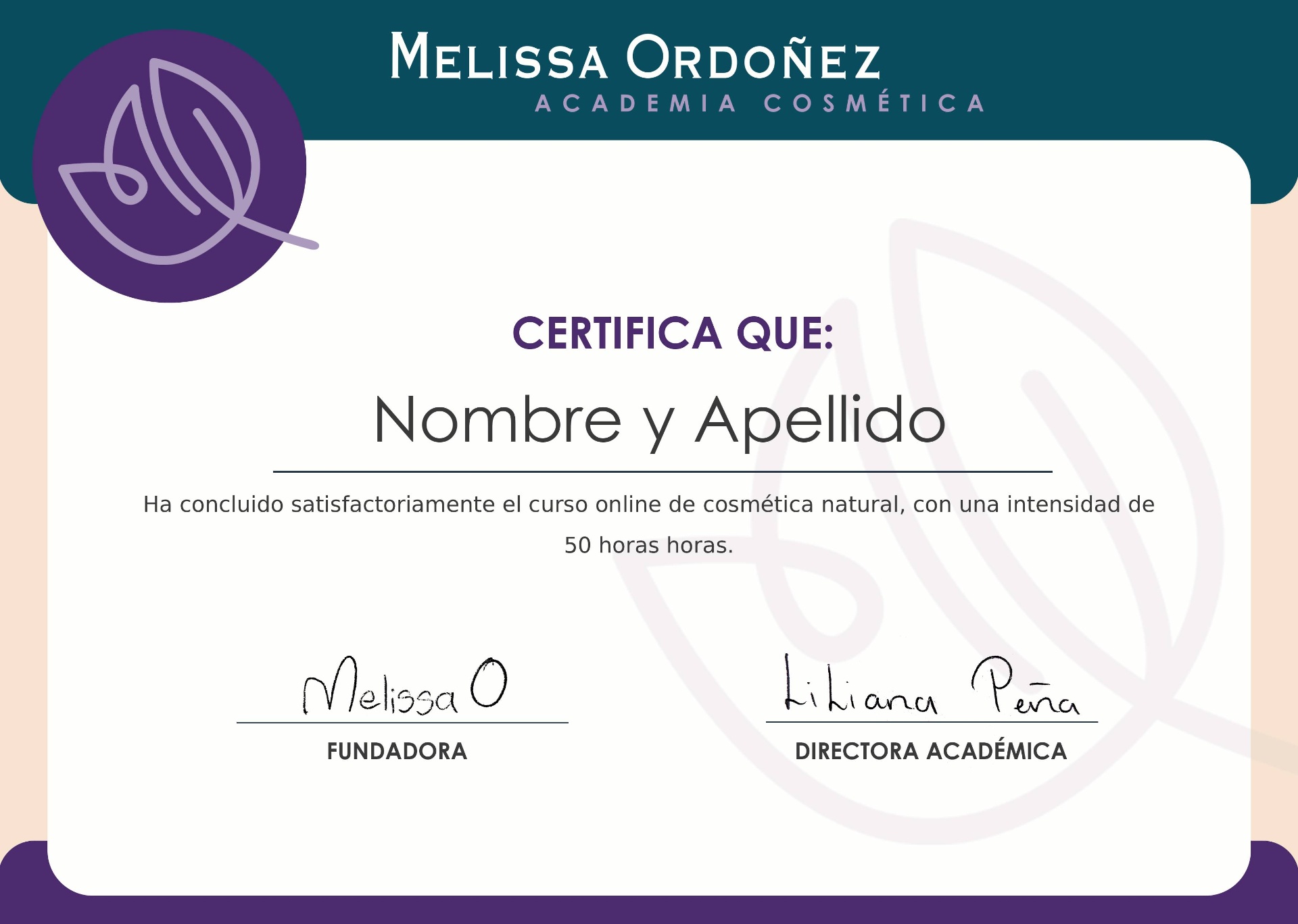 Certificado de finalización del curso Cosmética Natural por Melissa Ordóñez
